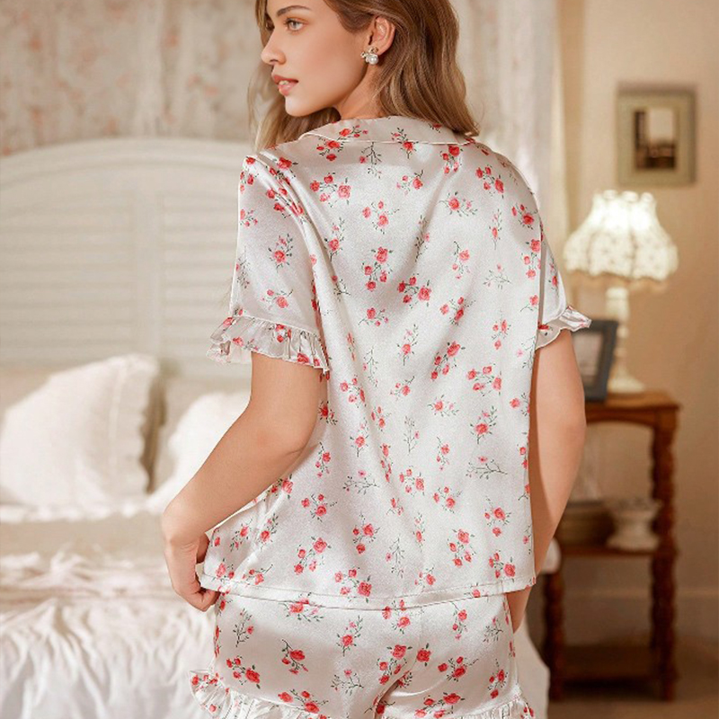 2025 New Women's Spring/Summer Silk Satin Country Style Floral Lace Short Sleeve Short Pants Pajama Set Homewear