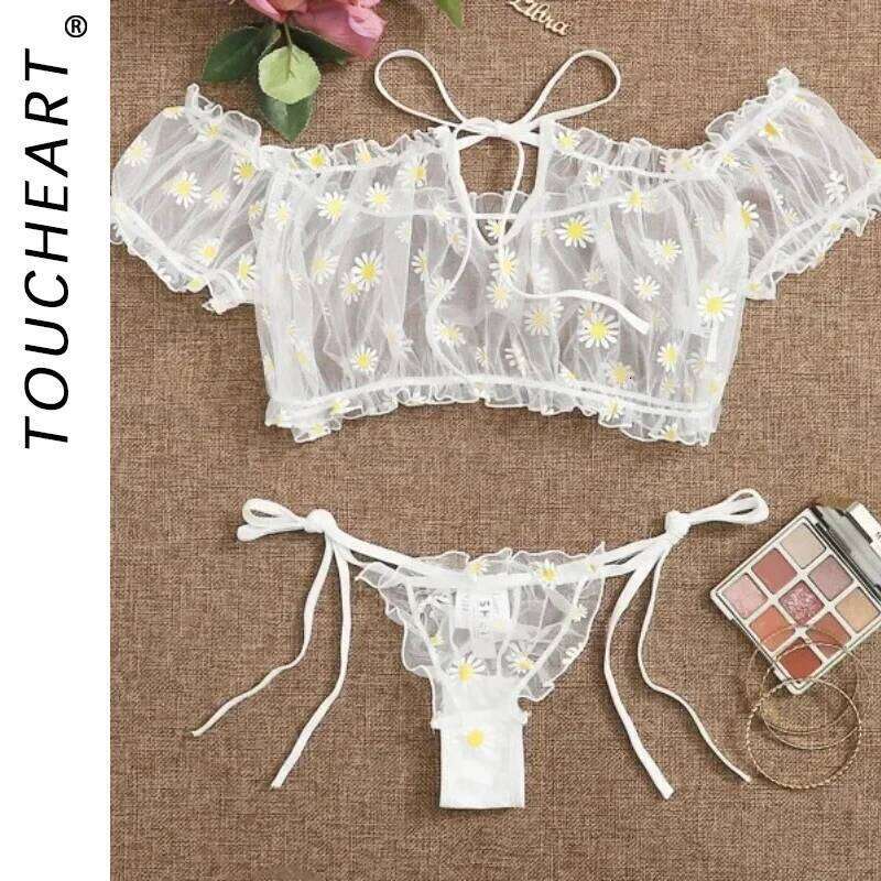 Toucheart Sexy Underwear Lace Lingerie For Women Off-Shoulder Small Chest Bralette+Thong Beachwear Transparent Bra Set New