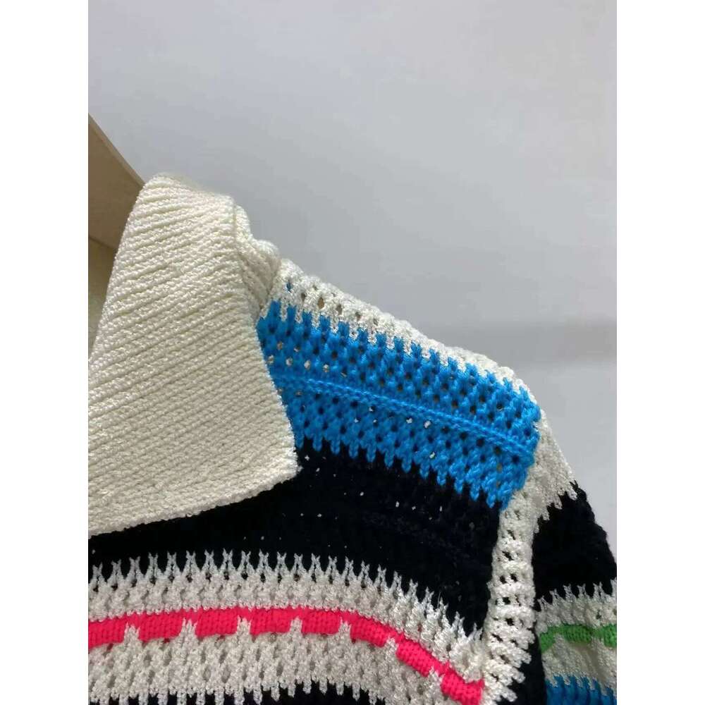 Designer Clothing 2025 Stripes Hollow Out Short Sweater Women Turn-Down Collar Single Breasted Female Short-Sleeved Knit Cardigan 2024 Spring Summer