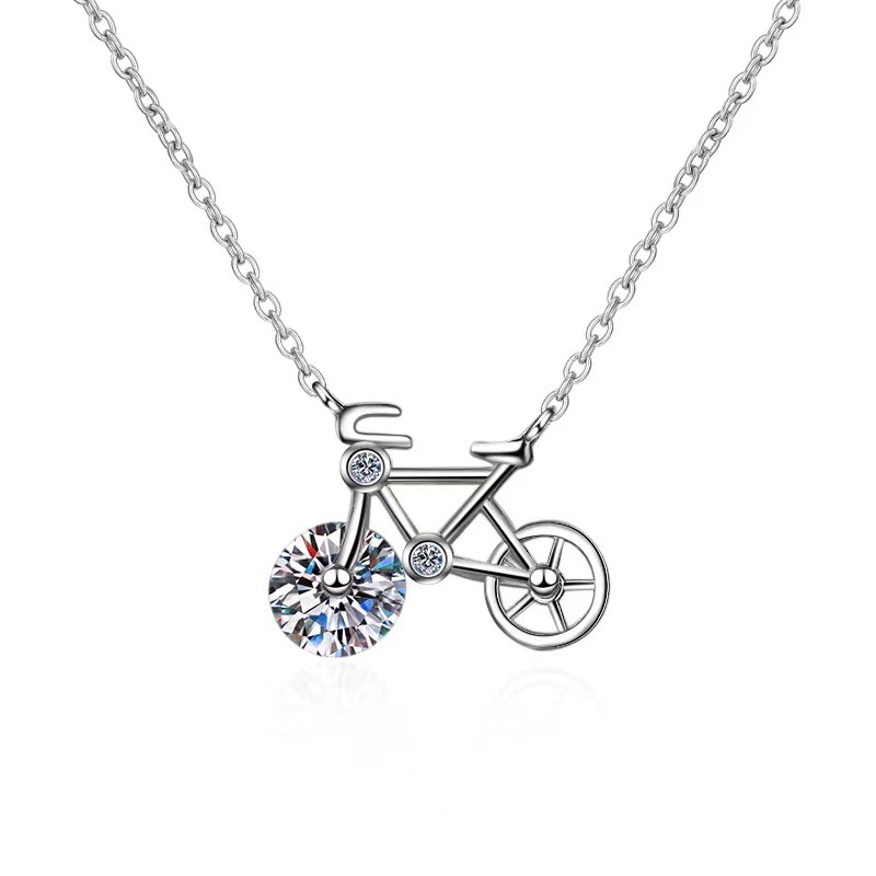 S925 Sterling Silver Pendant with Genuine Moissanite - Elegant Womens Bike Charm Necklace