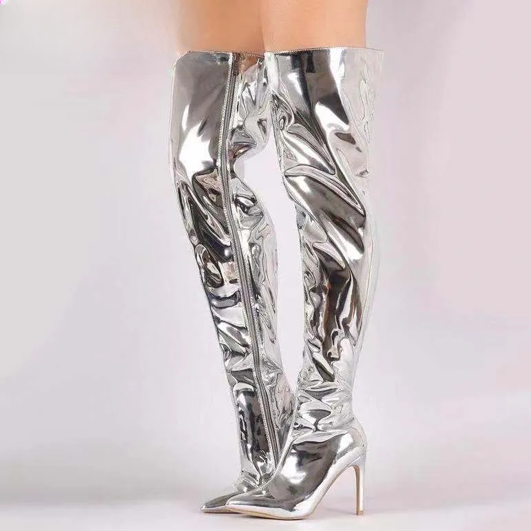 Chic Ladies' Leather-Knee Length Evening Footwear: Trendy Design with Spiked Heel Detail