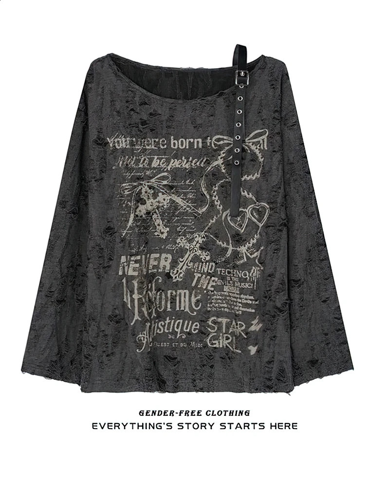 Vintage Y2K Oversize Off Shoulder T-shirt with Print Women Hole Hip Hop Long Sleeve Baggy Basic T-shirt Pullovers Ladies Tops 250725