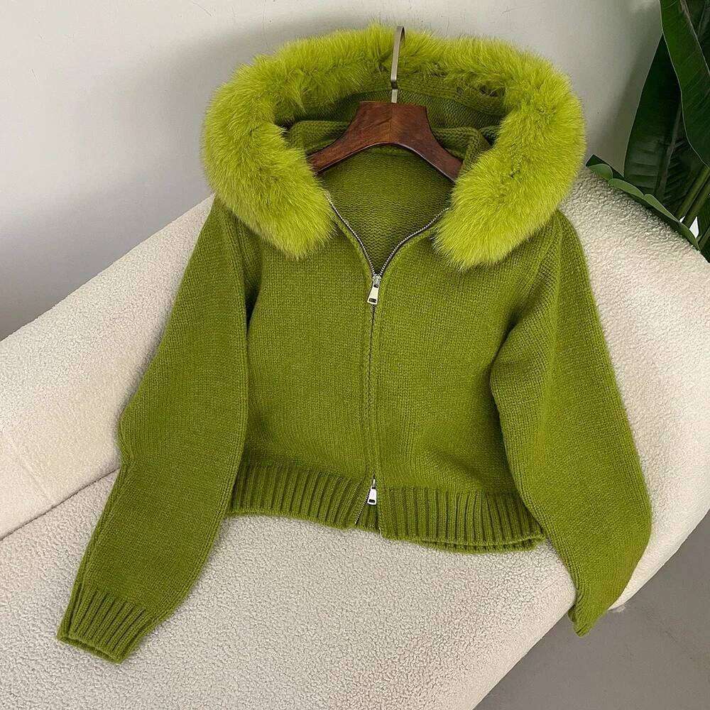 Hooded Real Fox Collar Cardigan Natural Fur Coat For Women Casual Short Knitted Jacket 2024 Fashion Autumn Winter