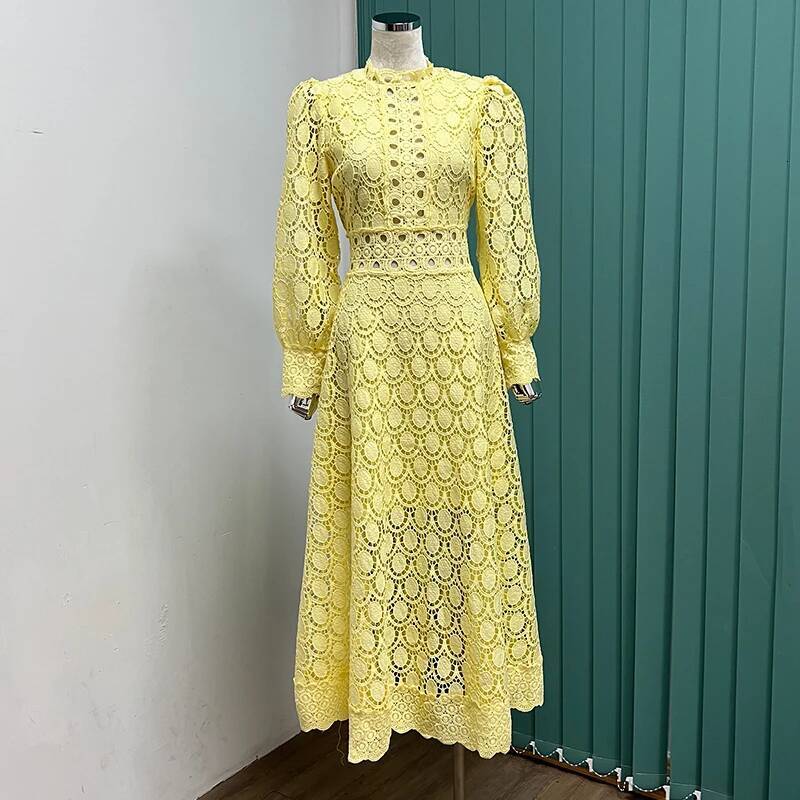 Lace Hollow Out Long Dresses Women 2025 Spring Holiday Full Sleeve Embroidery Elegant Party Vestidos Wedding Robe White ddmysept