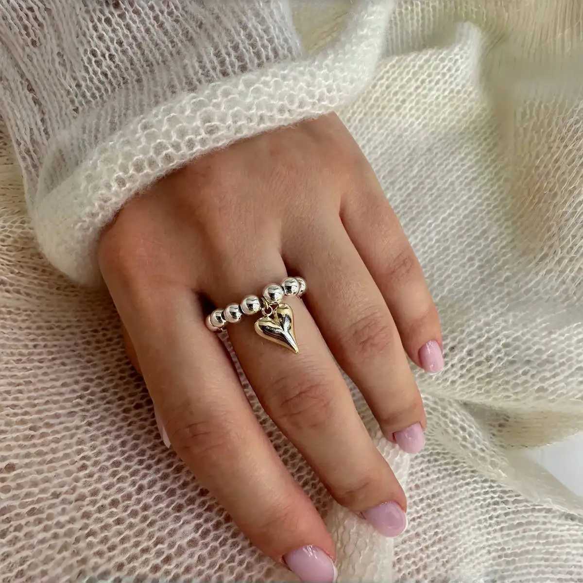 LATS Creative Handmade Beaded Bungee Cord Love Heart Pendant Rings for Women Girl Silver Color CCB Bead Adjustable Ring Jewelry y250730