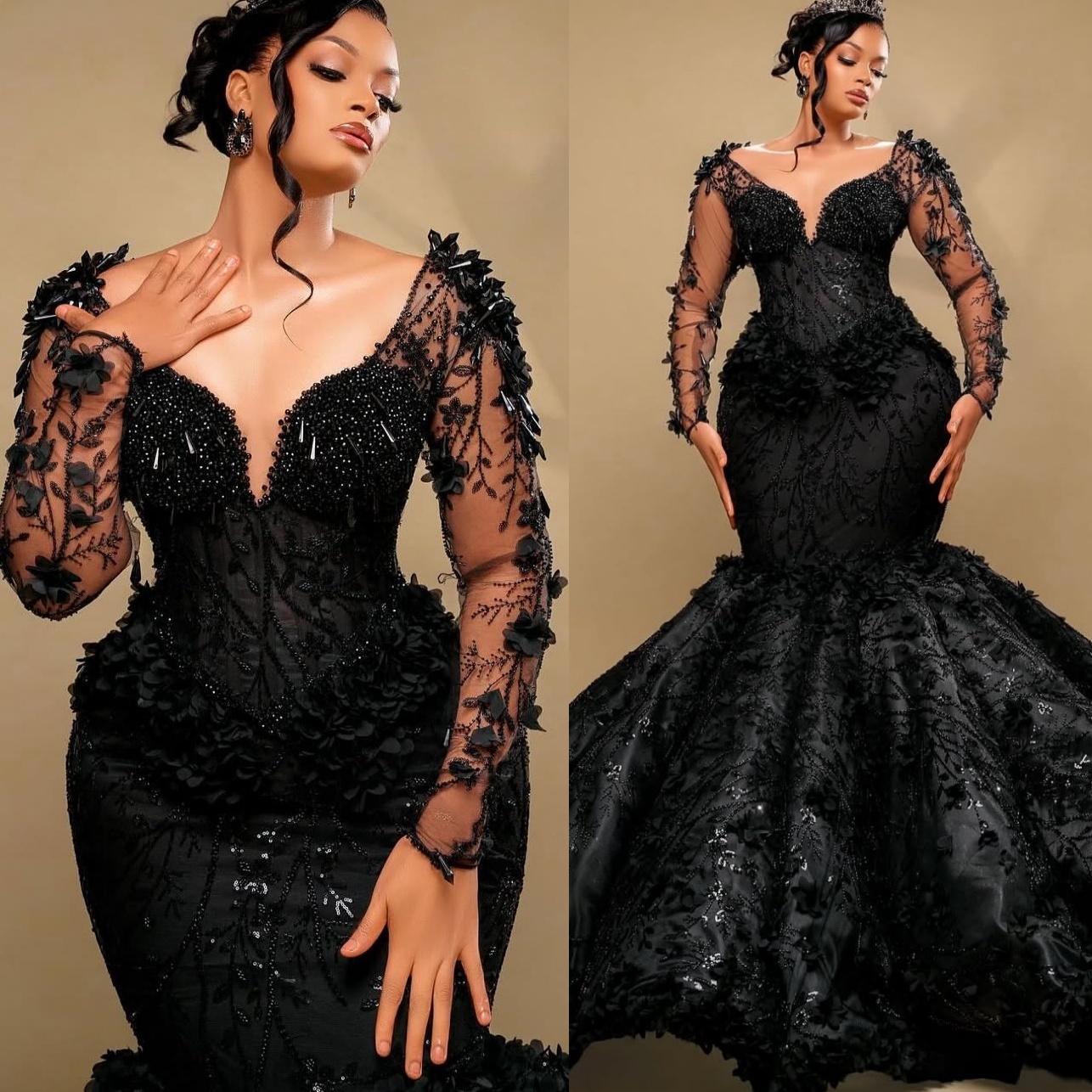 Black Mermaid Prom Dresses 2025 3D Floral Lace Pearls Full Sleeves Evening Formal Party Second Birthday Engagement Gowns Plus Size Dress For Special O