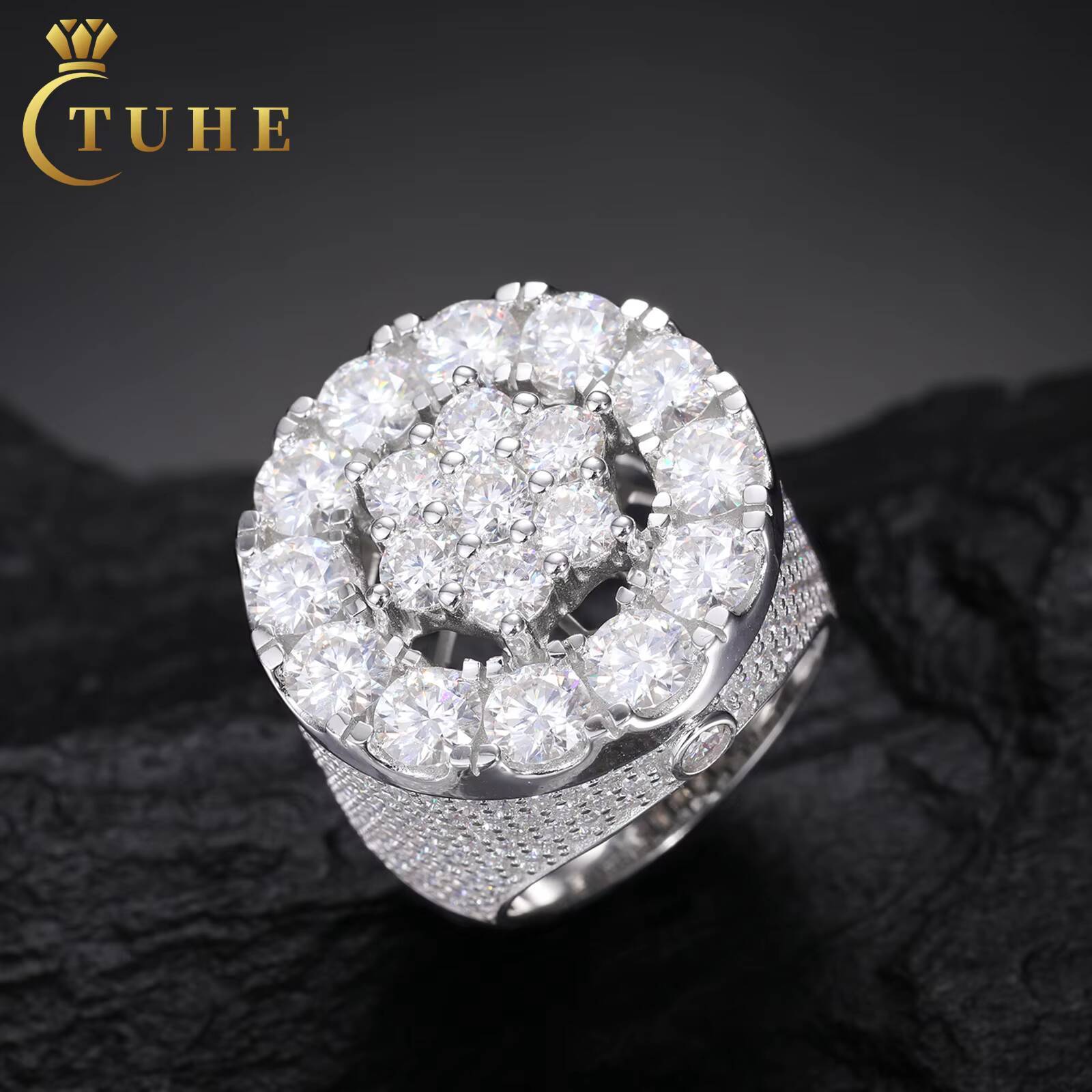 Wholesale Luxury Engagement Jewelry Gift 925 Sterling Silver 2 Layers VVS Moissanite Diamond Iced Out Halo Flower Wedding Ring