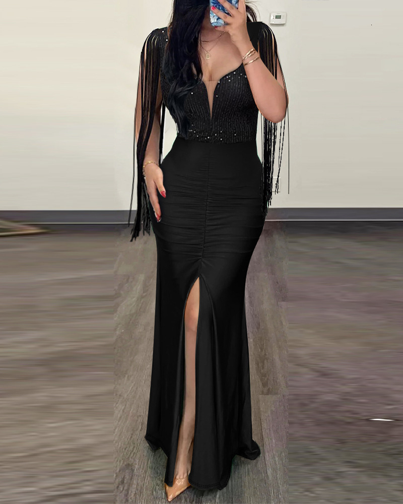 Fashionable pearl wrapped hip sexy dress with round neckline slit tassel sleeves pleated evening gown