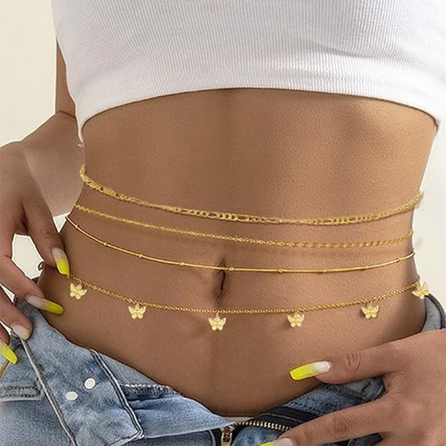 Adjustable 8Pcs Waist Belly Chain 18K Gold Plated CZ Heart Pearl Butterfly Bead Sequin Paperclip Belly Chain Summer Beach Sexy Body Chains Women Jewel