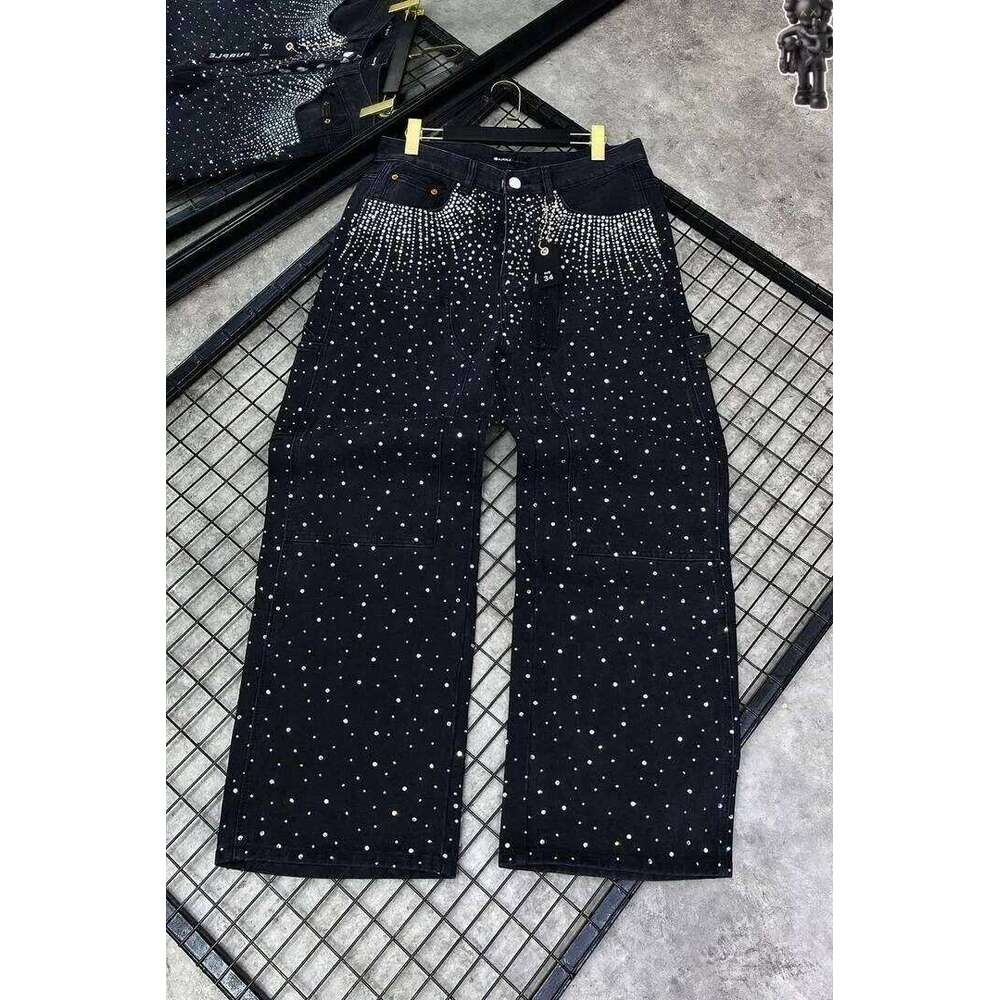 Vintage Full Dia Sequined Shiny Y2K Clothes Mens Womens Haruku Hip Hop Retro Baggy Jeans Low Waist Wide Leg Trousers
