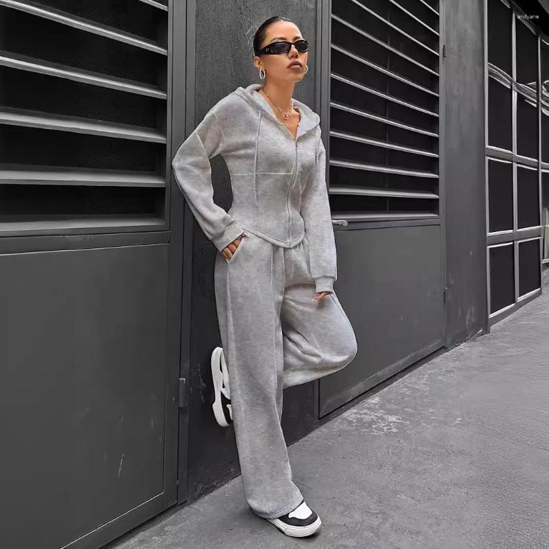 Women's Two Piece Pants Matching Sets Women Casual Pieces Set Loose Hooded Long Sleeves Zipper Top Elastic Waist Wide Leg Tracksuit Jogger