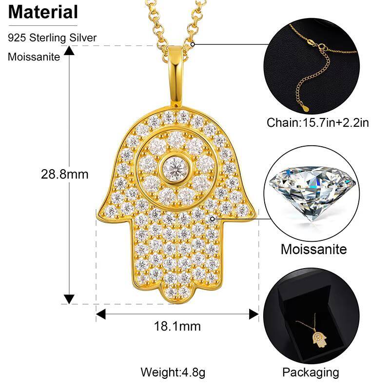 Hot Selling Hip Hop Pendant Pass Diamond Tester 925 Sterling Silver Gold Plated Moissanite Hamsa Pendant for Necklace