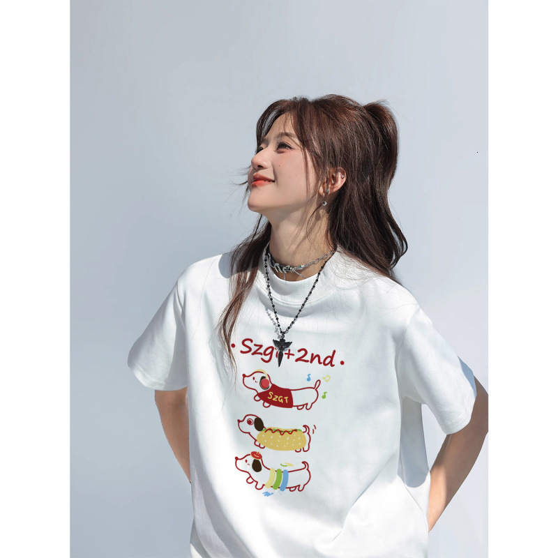 2025 Fashion White Short sleeved Women's T-shirt Loose Multi functional Cartoon Printed Short sleeved New Summer College Style Top New Designer T