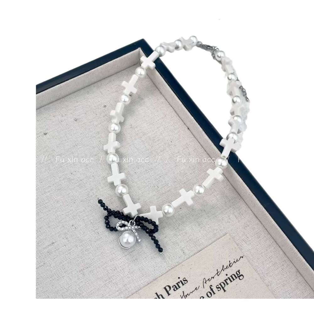 Pearl Double Layer Necklace Stacked Cross Black Crystal Bowknot Light Niche Design High-end Choker 941