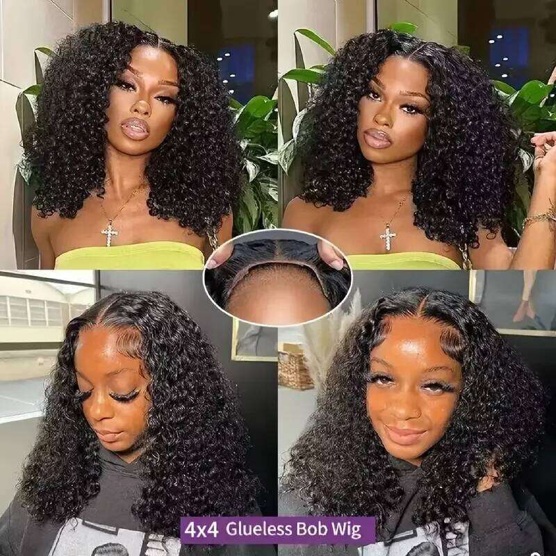 Put On And Go Glueless Bob Wigs Human Hair For Women Plucked Pre Cut Ready To Wear Kinky Synthetic Curly Lace Front Wig
