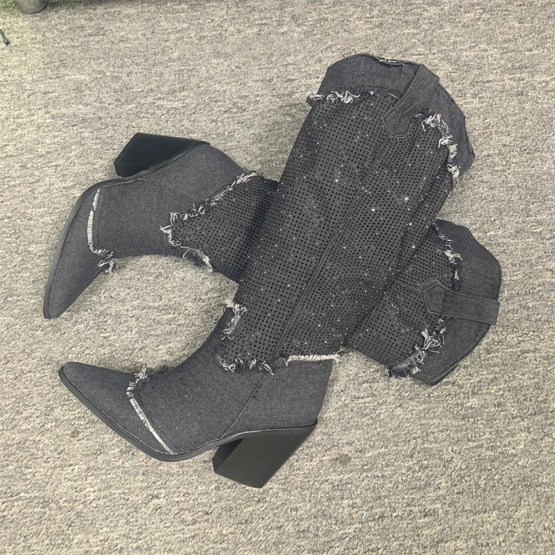 2025 Style Denim Boots For Womens High Boots Crystal Fringe Chunky Heels Shoes Retro Ladies Slip-on Chelsea Boots 250729