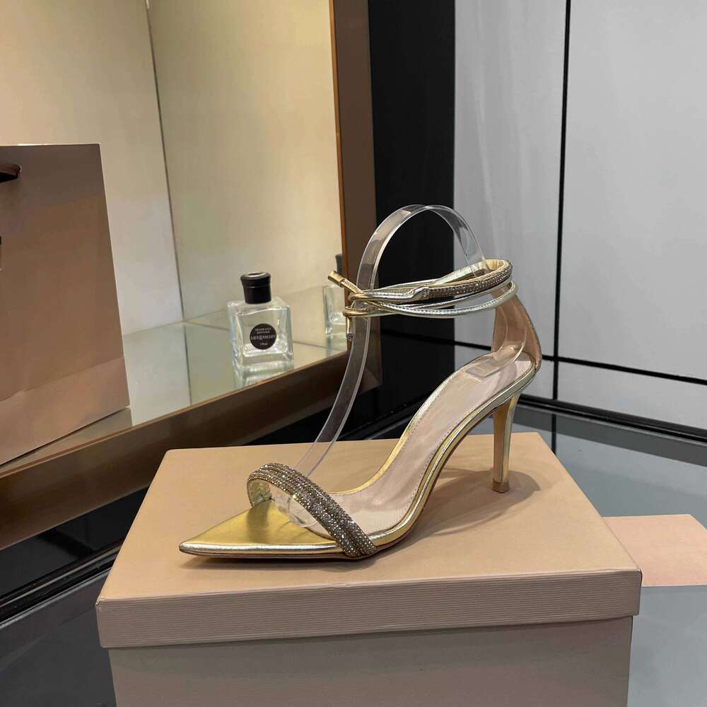 New Women Size35-43 Genuine Leather Crystal Sandals Super High Heels Pumps Ankle Strap Designer Shoes Zapatillas De Mujer 0be