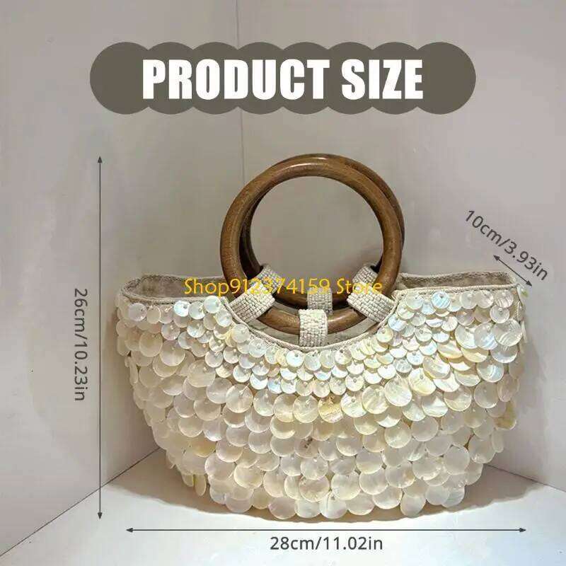 G5AE Elegant Beaded Shell Design Top Handle Purse Bohemian Handmade Handbag For Vacation Essential And Casual Ocn