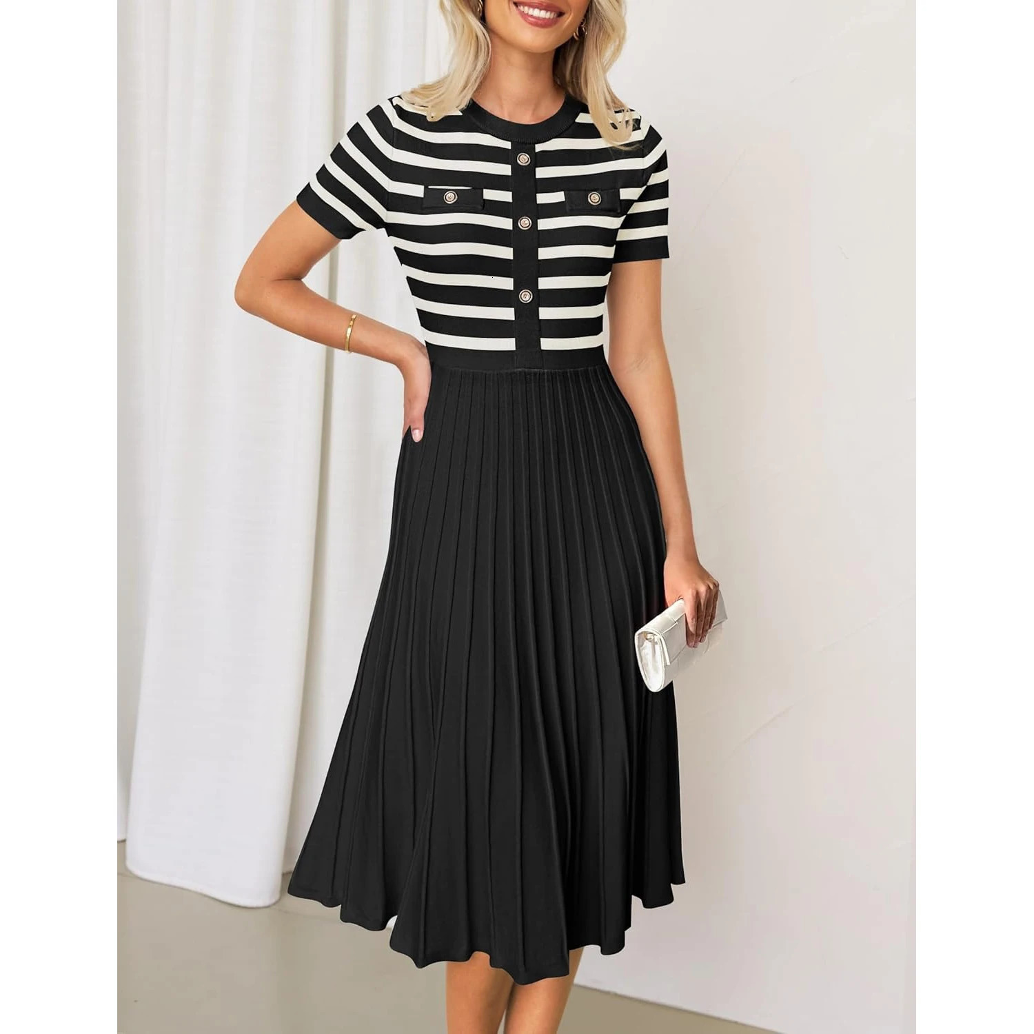 Summer Ice Silk Knitted Striped Dresses for Women Short Sleeve Patchwork Casual Loose Dress Korean Fashion Dresses 250731