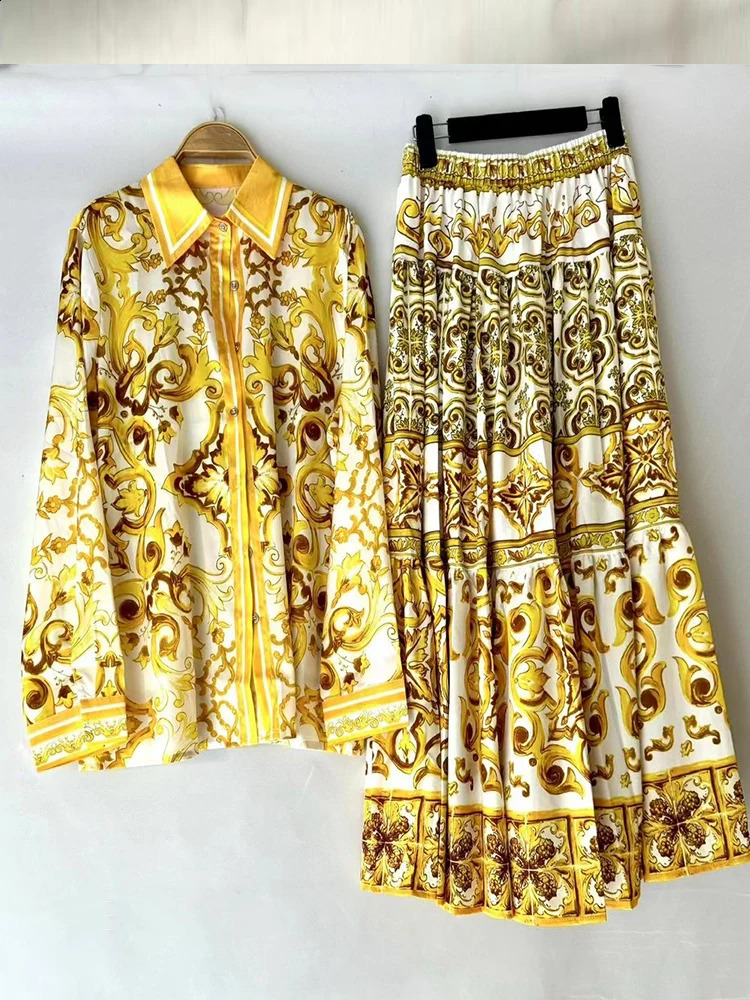 Retro lapel long sleeve geometric print shirt elastic waist big swing skirt spring and summer womens two-piece fashion suit 250728