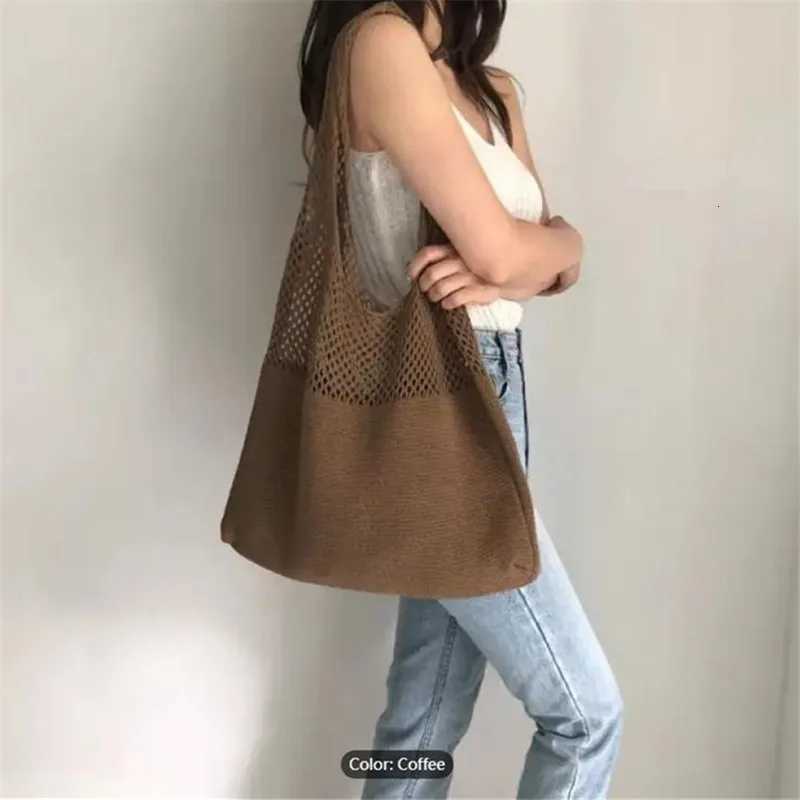 Aesthetic Hollow Out Crochet Bag Large Capacity Shoulder Bag Simple Knitted Tote Bag For Women Y250730