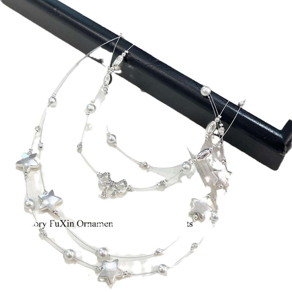 Super Fairy Sweet Starry Heart Pearl Necklace Fashionable Temperament Design High-end Clavicle Chain Bowknot f8d
