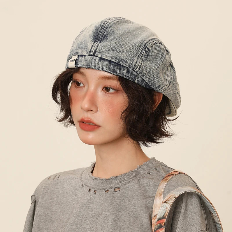 Retro Cowboy Beret Womens Summer Versatile Washed and Used Big Head Circumference Show Small Face Forward Hat 250730