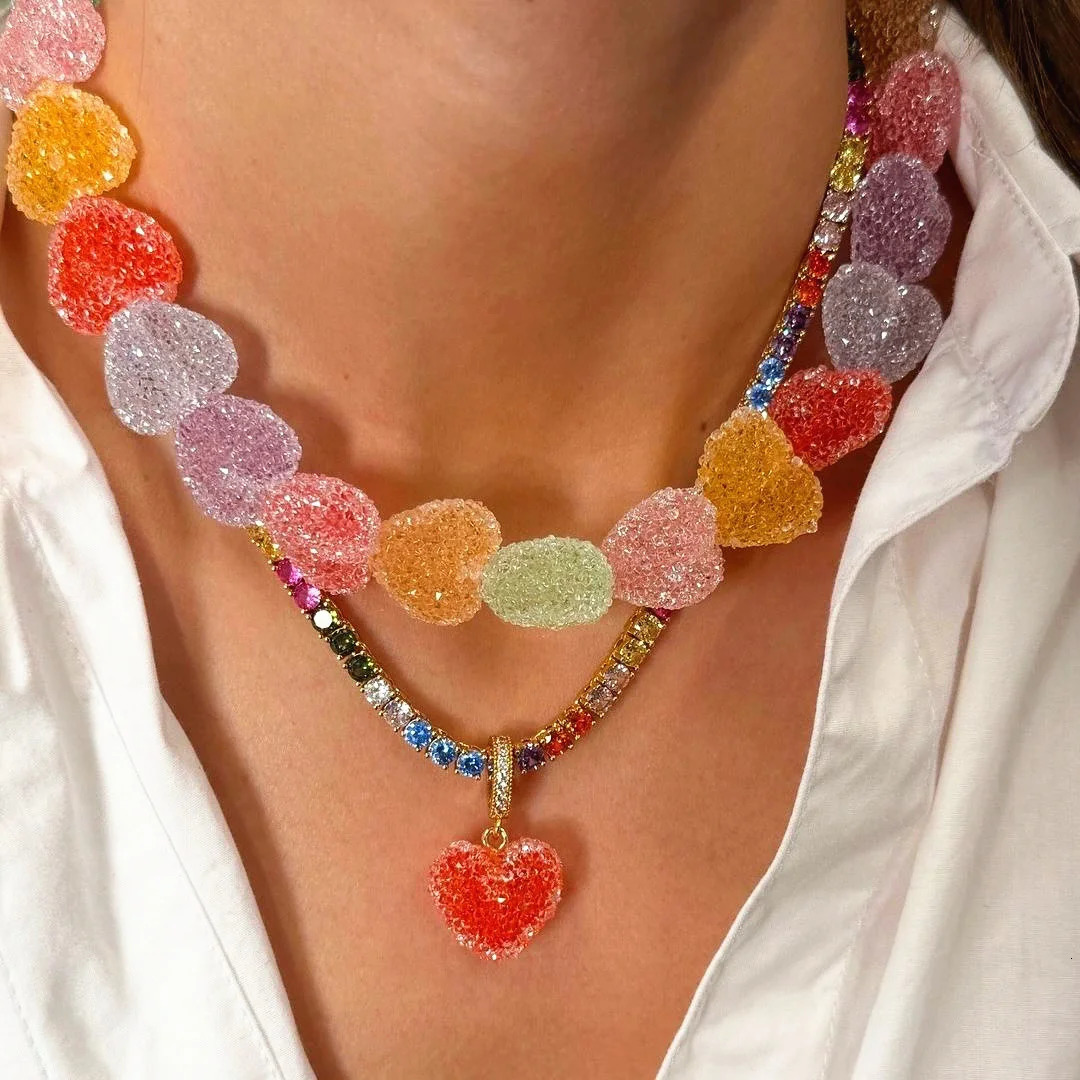 HangZhi Cute Colorful Heart Bear Resin Candy Necklace Fashion Personality Charms Summer Jewelry for Women in 250729