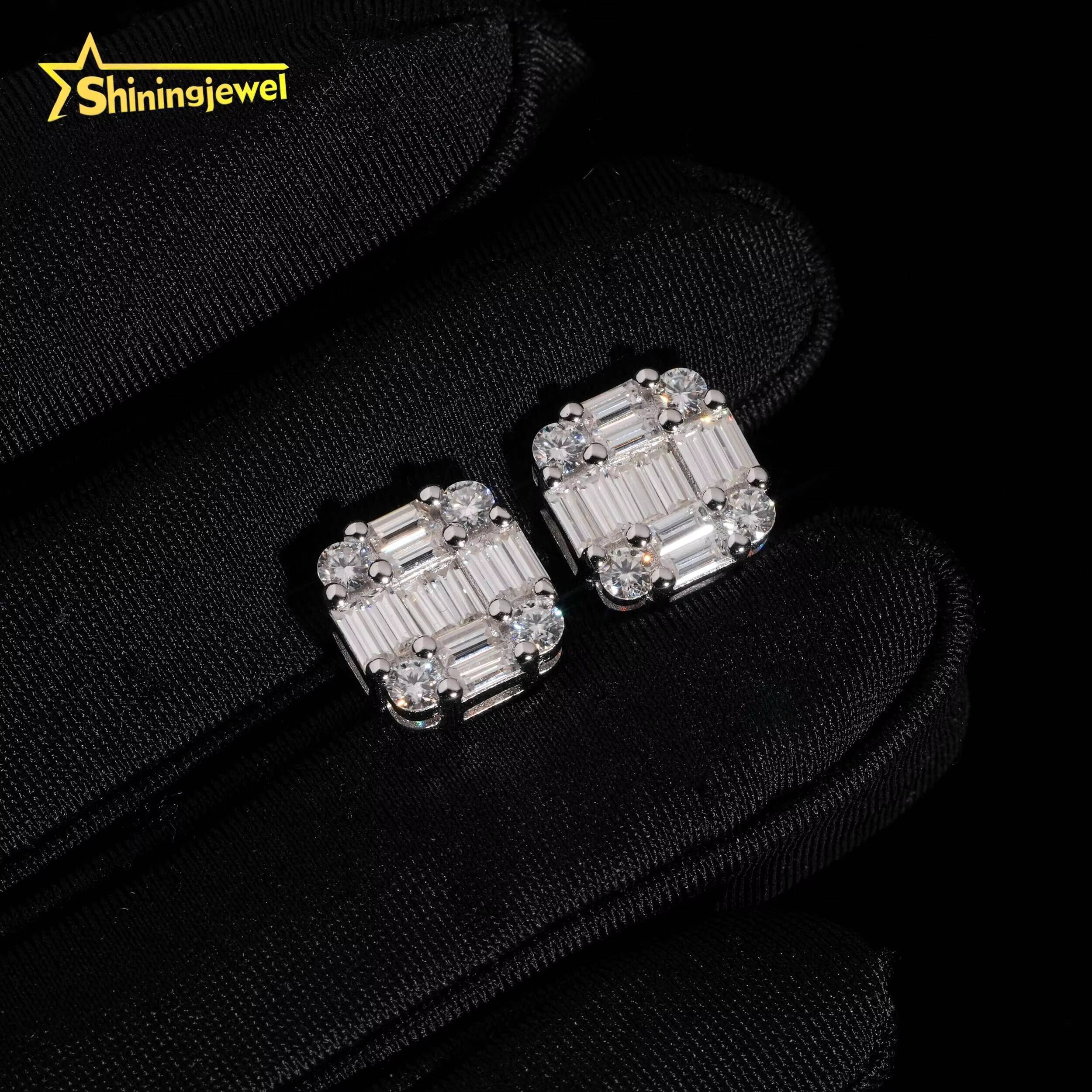 New Arrival Hip Hop Design Baguette Diamond 925 Sterling Silver VVS Iced Out Moissanite Stud Earrings for Men