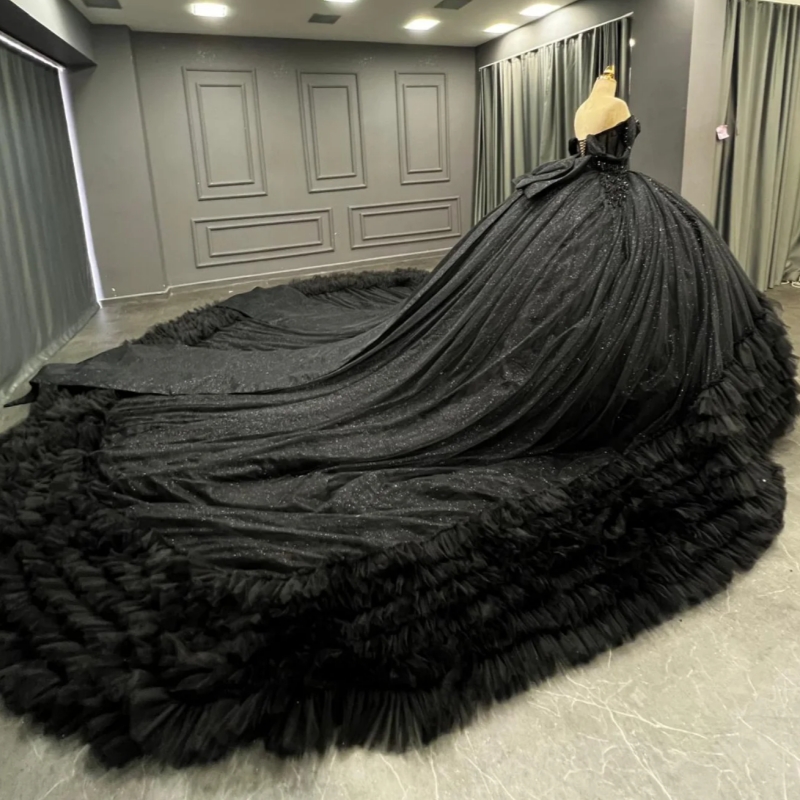 Black Shiny Quinceanera Dresses Off The Shoulder Applique Beading Bow Tiered Tull Ball Gown Vestidos De 15 Anos Sweet 16 Dress