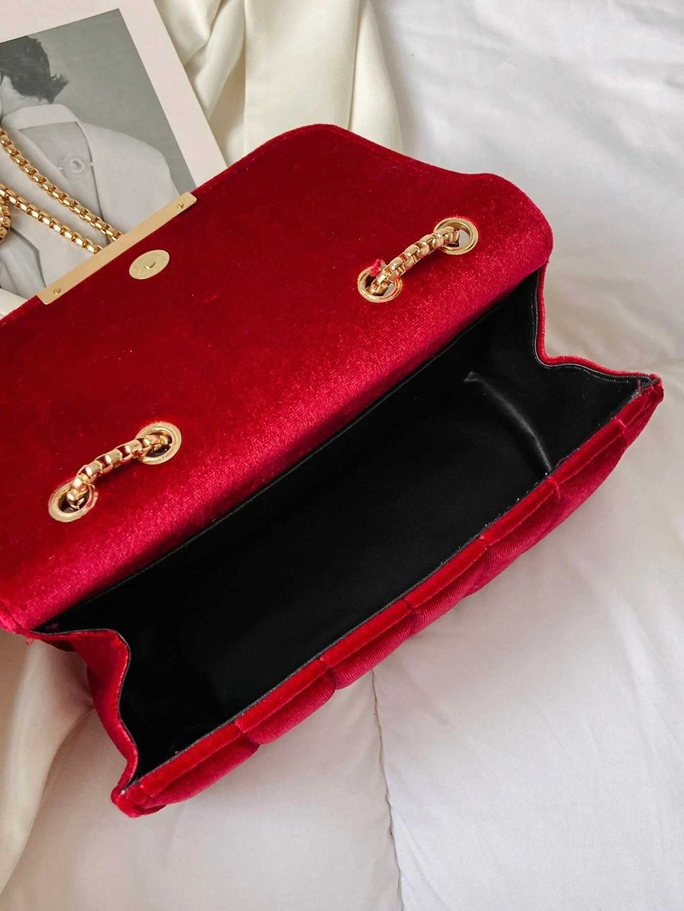 Neon Red Flap Chain Square Bag Velor Leather Fashionable Dating Gift Shoulder Crossbody Bag With Chain Strap For Women Y250730