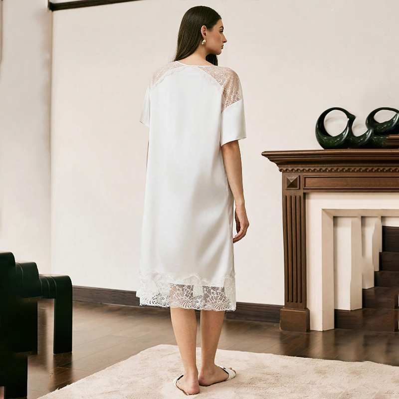 2025 New Women's Spring/Summer Silk Satin Lace Patchwork Short-Sleeved Long Dress Nightgown Homewear