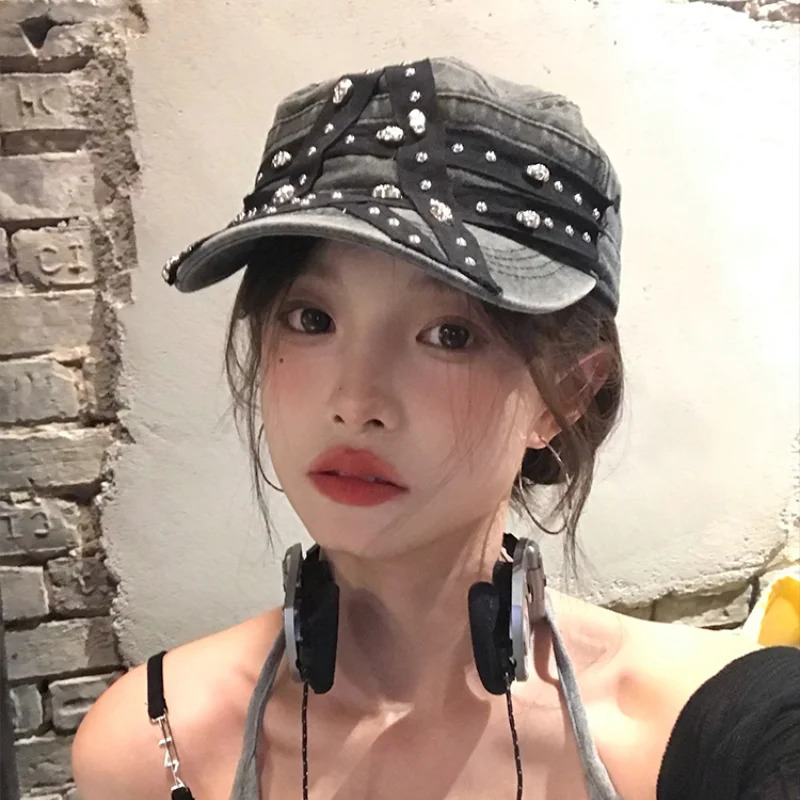 American Retro Punk Style Rivet Star Baseball Caps Women Summer Autumn Casual Versatile Personality Y2k Flat Top Hats 250730