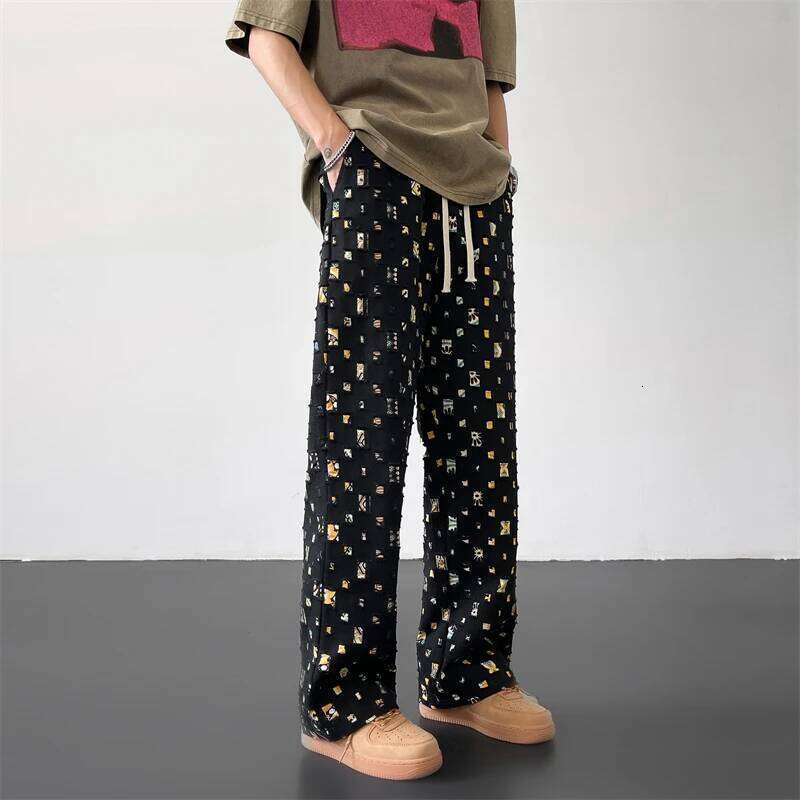 Cotton Casual Fashion Retro Colored Plaid Men Streetwear Hip-hop Loose Hollow Out Pants Mens Hole Trousers M-3XL