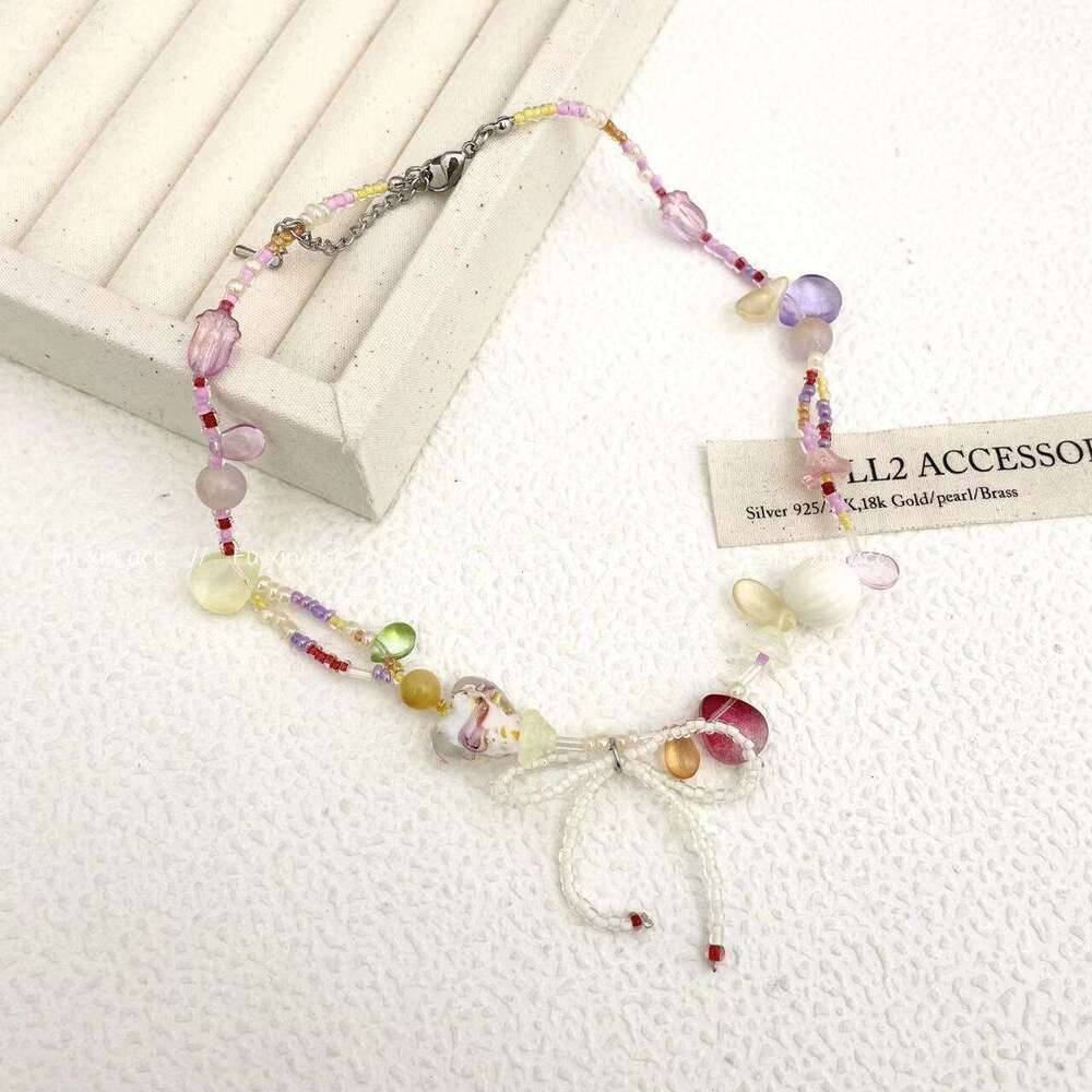 Dopamine Colorful Beaded Necklace Niche Design Sweet White Rice Beads Collarbone Chain Energetic Girl Essential Choker c14