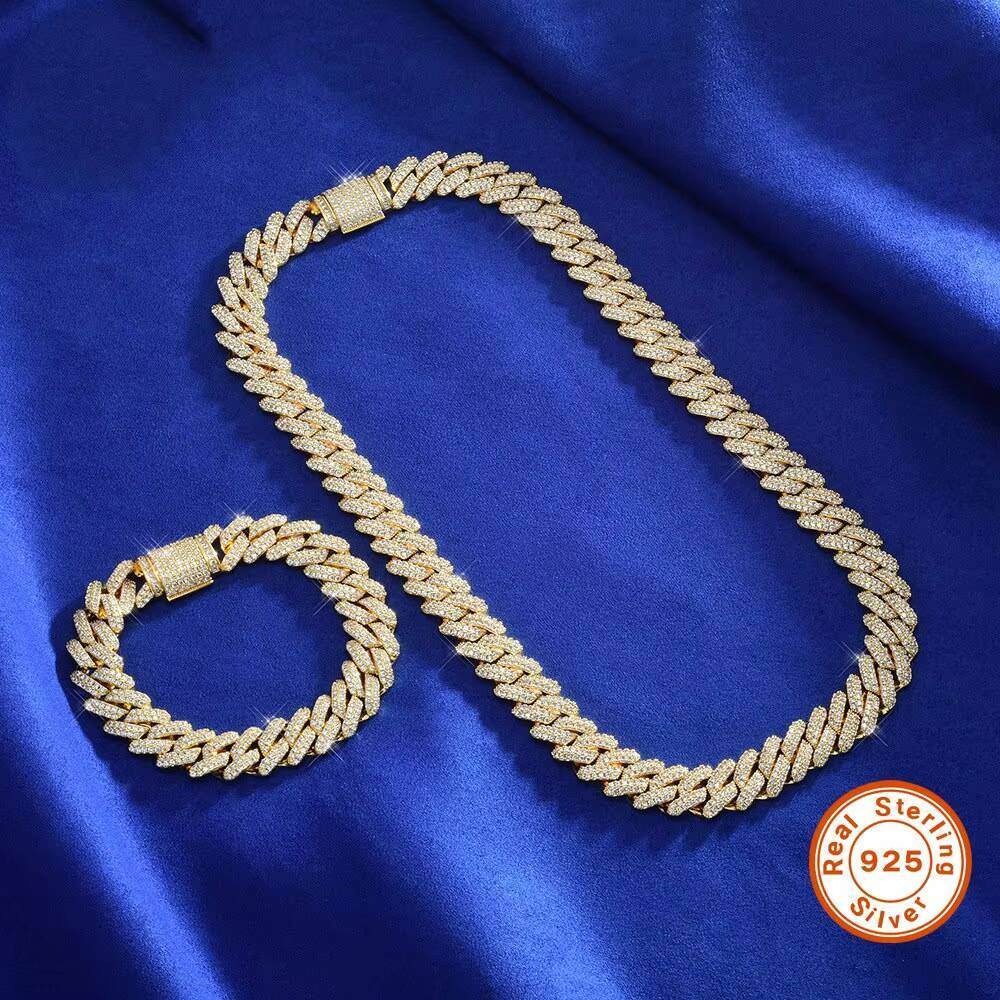High Quality 14mm Cuban Necklace Hip Hop Jewelry Silver Moissanite Electroplated Link Chain Featuring Pearls Zircon