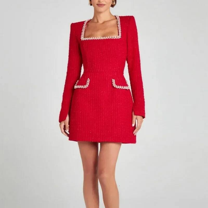 Talenza Long Sleeve Tweed Women's Elegant Square Neck Party Evening Gown Retro Slim Patchwork Short Dress Vestido ddmysept