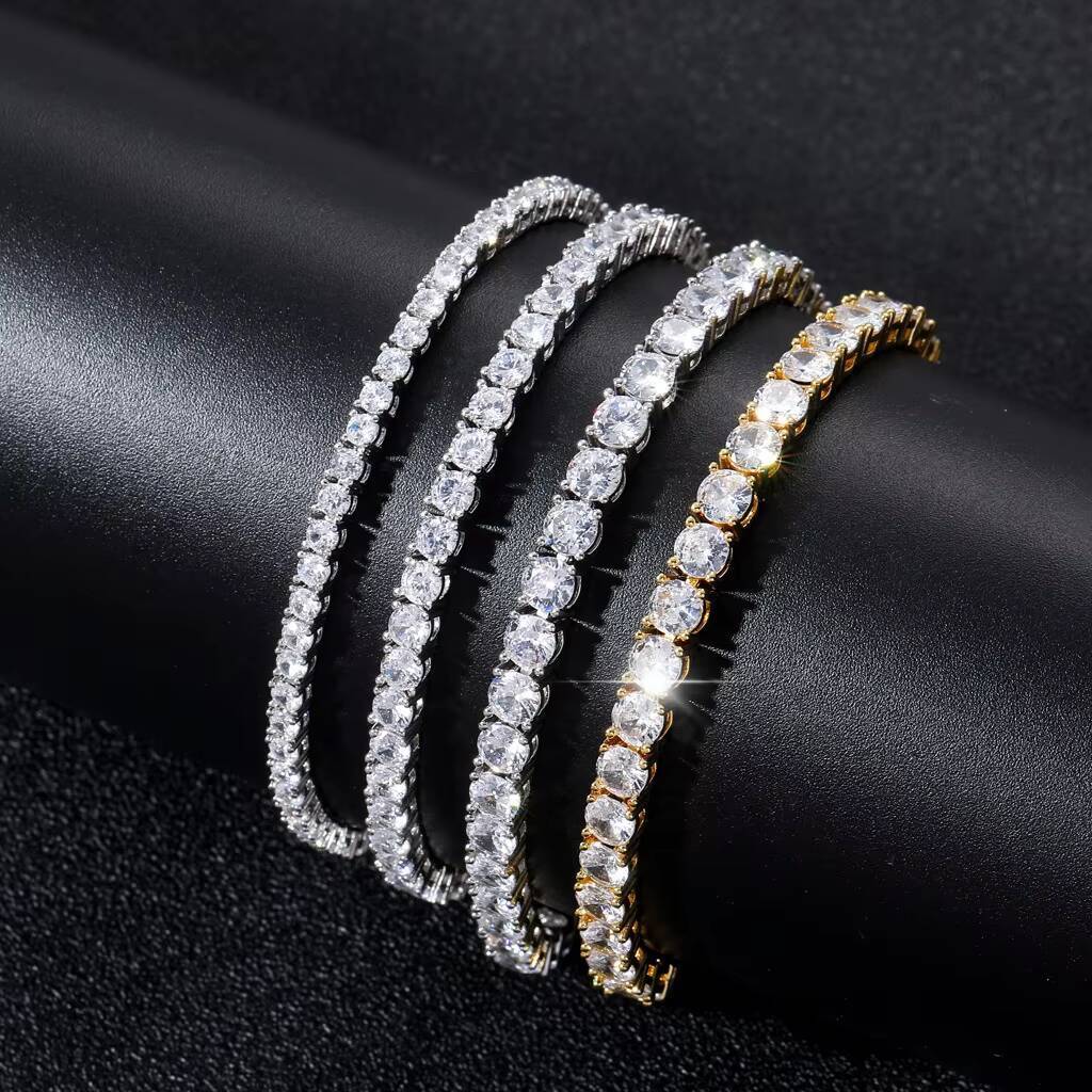 BES Hiphop 18K Gold Pated Necklace 3mm 4mm 5mm 6mm Tennis Choker Bracelet Iced Out Diamond Spring Clasp Tennis Chain Jewelry