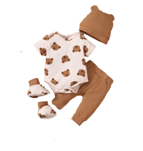 4PCS Clothing Set 0-9 Months Newborn Boy Bear Short Sleeve Romper+Pants+Hat+Sock Infant Baby Full Moon Photography Outfits