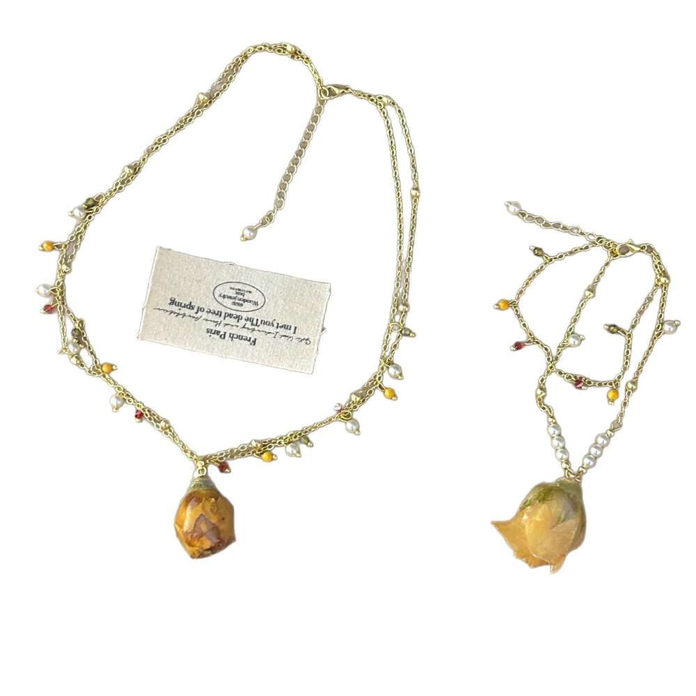 French Style Dried Flower Rose Crystal Pearl Double Layer Tassel Necklace Bracelet Atmosphere Sweet Exquisite Collarbone Chain f88