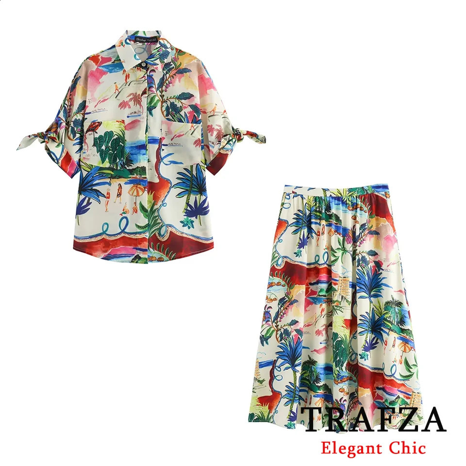 TRAFZA Vintage Casual Chic 2 Piece Set Women Print Short Sleeve Short BlouseFolds Print Long Skirt Fashion Summer Suit 250728