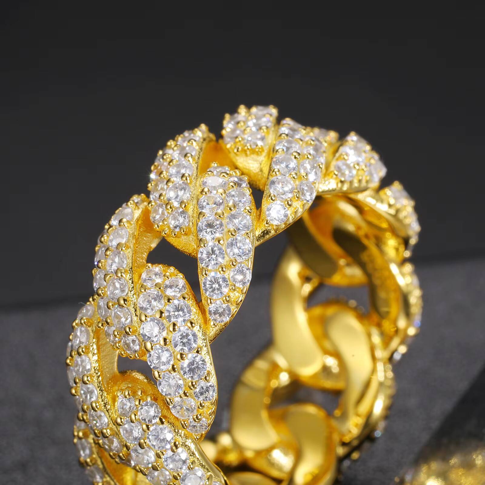 Wholesale Bling Hip Hop Jewelry 9mm Gold Plated 925 Sterling Silver VVS Moissanite Diamond Iced Out Cuban Band Ring for Men