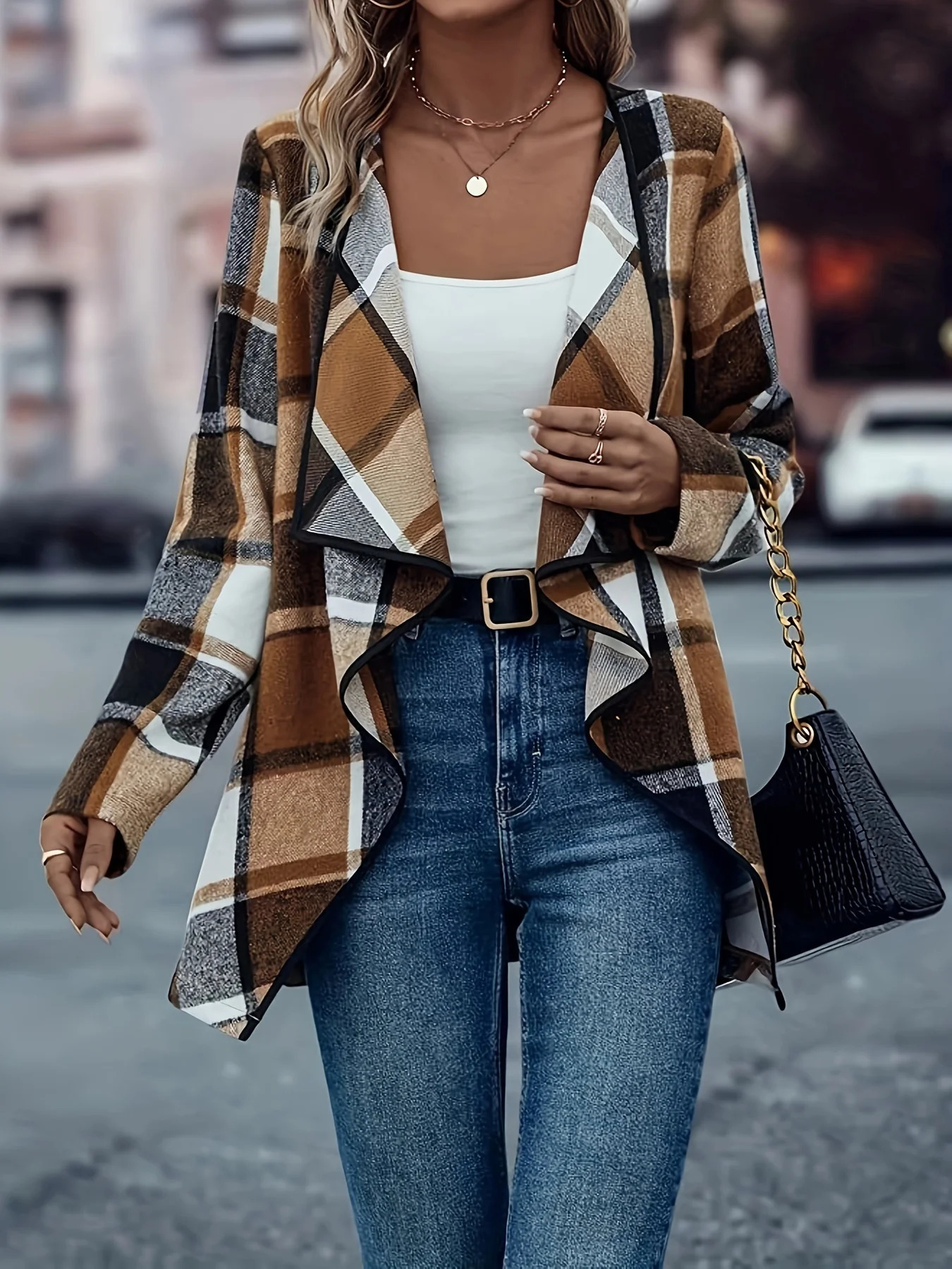 Women Plus Size Woven Open Front Long Sleeve Checkered Pattern Casual Jacket Classic Plaid Outerwear for Spring Autumn 250731
