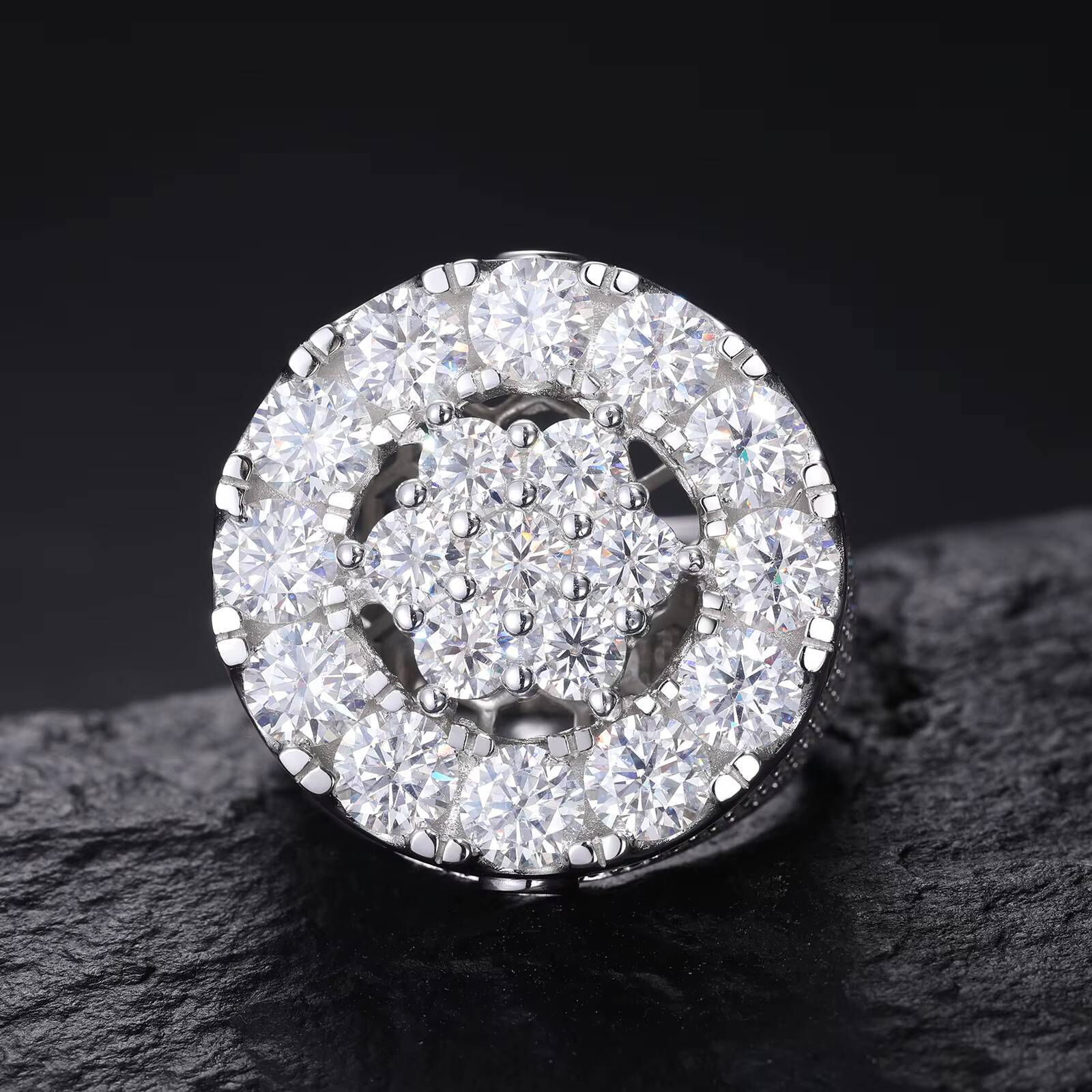Wholesale Luxury Engagement Jewelry Gift 925 Sterling Silver 2 Layers VVS Moissanite Diamond Iced Out Halo Flower Wedding Ring
