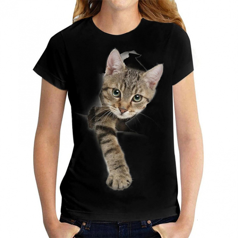2025 Europe and America Hot selling Women's S Round Neck D Cartoon Cat Digital Printed Short Sleeve New T-shirt New Designer T-shirt