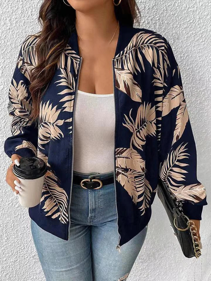 Plus Size Womens Fashion Temperament Printed Zip Jacket Large Baseball Collar Women Clothing 250731