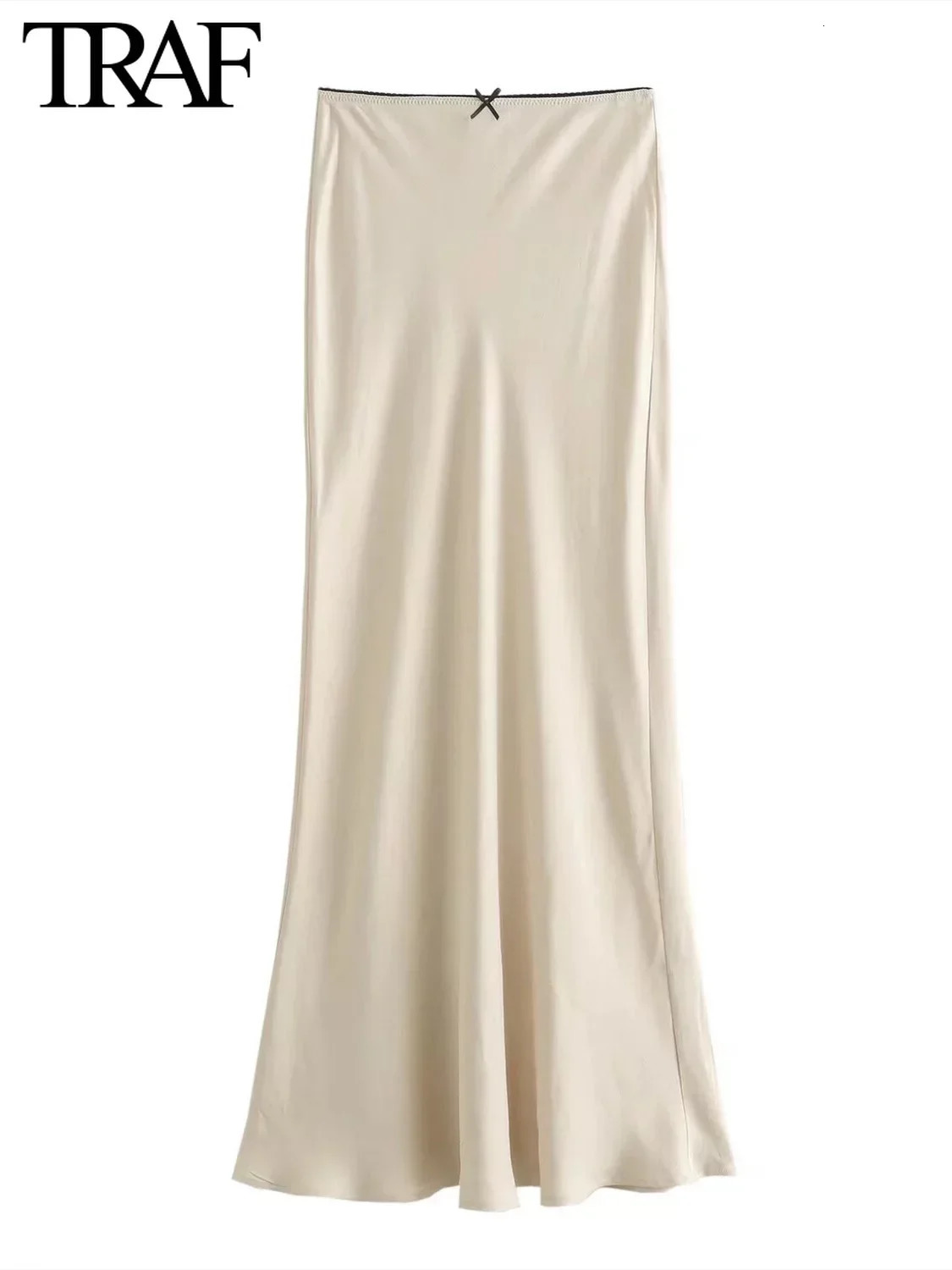 TRAF Women Fashion Spring Satin Texture Bow Decoration Vintage Chic Female High Waist H Line Long Skirts Mujer 250730
