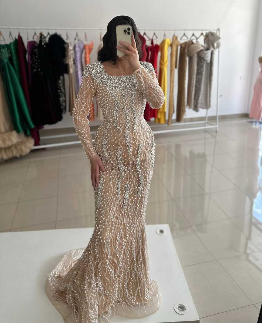 Exquisite Mermaid Evening Dresses For Women Jewel Neck Long Sleeves Gown Crystal Beaded Sweep Train Dress Party Customized Dress