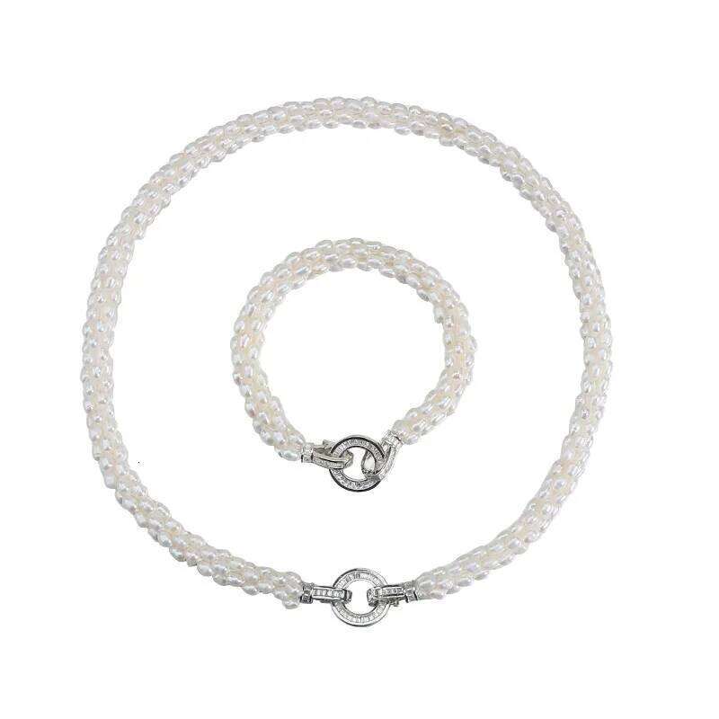 New Design 3-4mm Natural White Rice Shape Freshwater Pearl Necklace Bracelet Jewelry Set