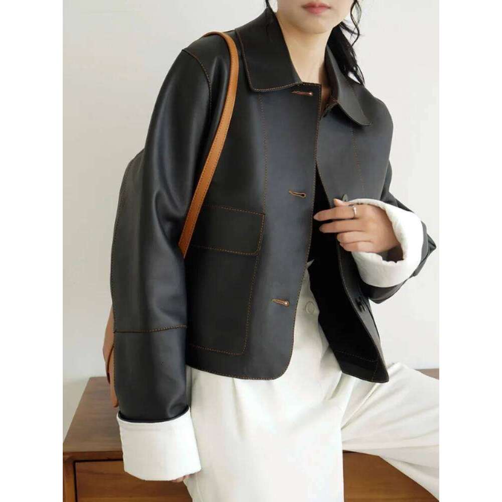 Retro Collar For Women In Autumn Winter, With A Sense Of , Fashionable And Chic Short Leather Jacket 250728